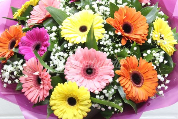 Авторский букет из 15 гербер с зеленью — изображение 5