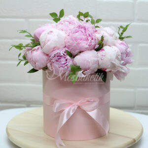 Букет из 19 розовых пионов в коробке