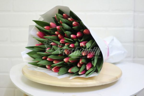 Букет из 49 тёмно-розовых тюльпанов — изображение 3