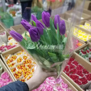 Букет из 9 фиолетовых тюльпанов на корпоратив