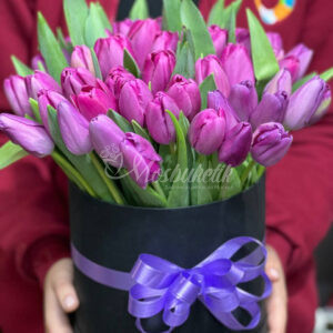 45 фиолетовых тюльпанов в коробке