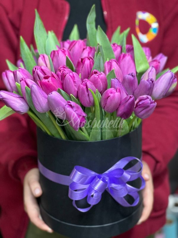 45 фиолетовых тюльпанов в коробке