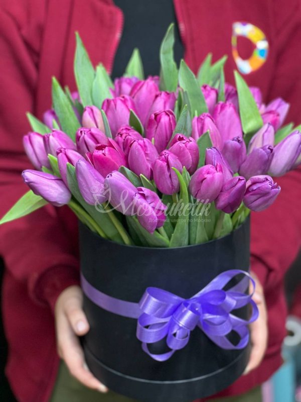 45 фиолетовых тюльпанов в коробке — изображение 2