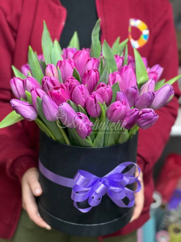45 фиолетовых тюльпанов в коробке — изображение 3