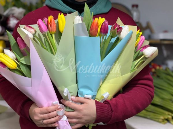 Букет из 7 микс тюльпанов на корпоратив — изображение 2