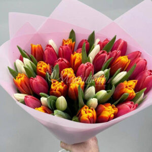 Букет из 51 ярких микс тюльпанов