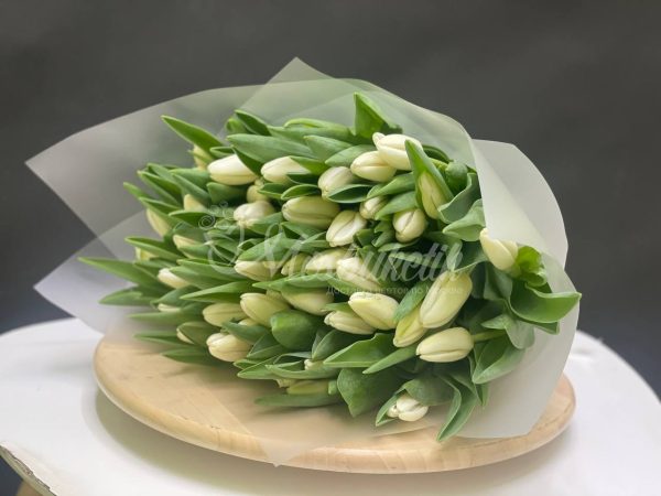 Букет из 51 белых тюльпанов в матовой плёнке