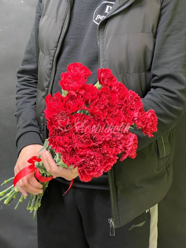 Букет из 25 красных гвоздик в ленте — изображение 3