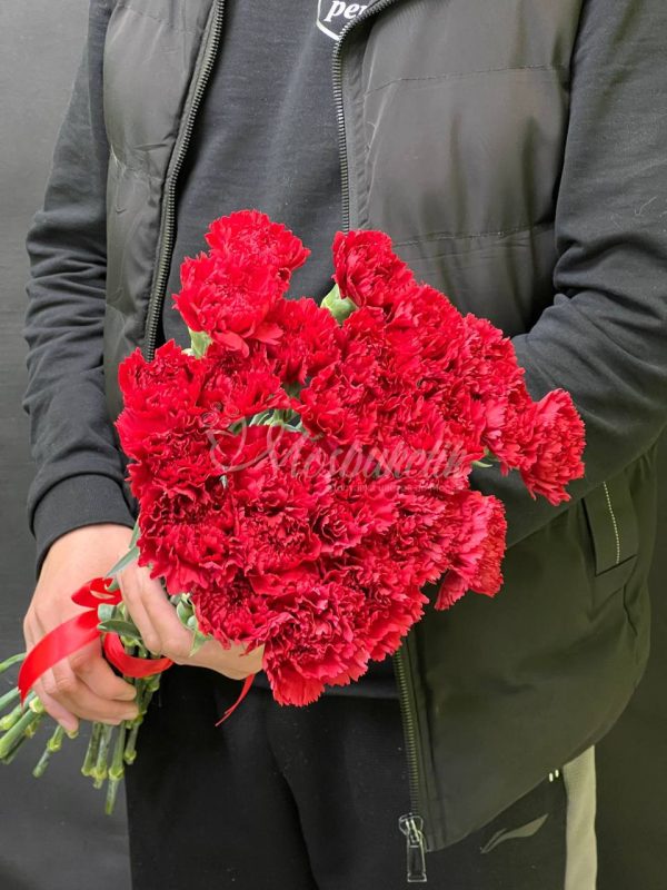 Букет из 25 красных гвоздик в ленте — изображение 2