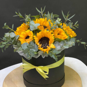 9 подсолнухов с эвкалиптом в коробке