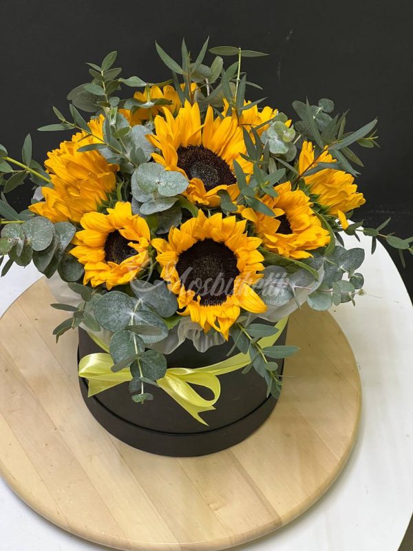 9 подсолнухов с эвкалиптом в коробке — изображение 2