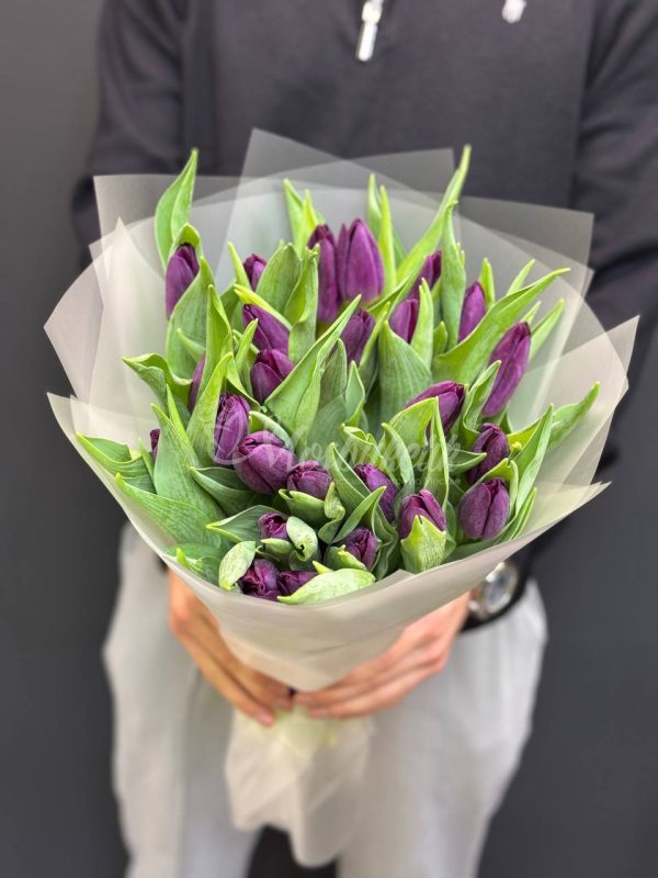 Букет из 25 фиолетовых тюльпанов