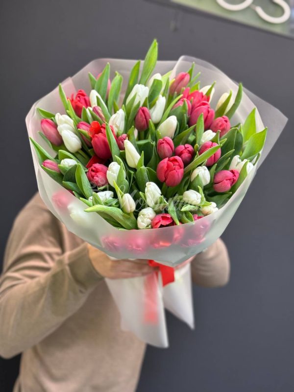 Букет из 51 красных и белых тюльпанов — изображение 8