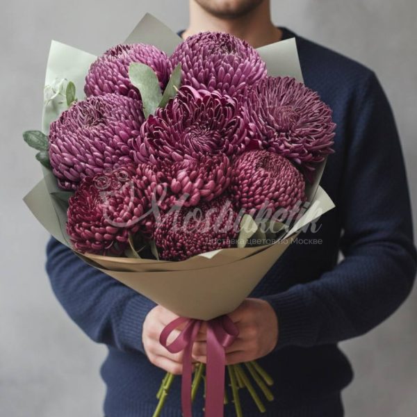 Букет из 7 фиолетовых хризантем с эвкалиптом